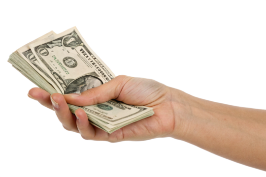 Hand holding a stack of US dollar bills, representing finance, wealth, savings, payment, investment, cash flow, banking, economic growth, earnings, budgeting, and personal financial success 