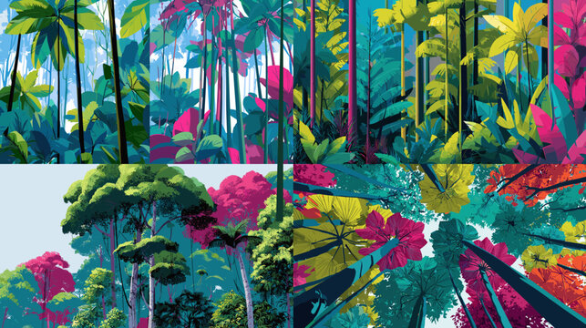 Vivid jungle canopy illustrations featuring tall tropical trees and colorful leaves viewed from different angles, showcasing lush forest beauty and immersive nature scenes.