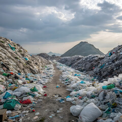 Chaotic landfill landscape filled with mountains of plastic waste and debris, showcasing environmental crisis