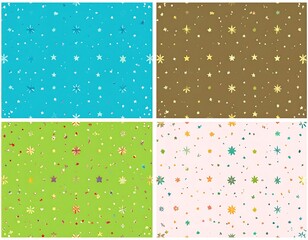 Four vibrant, colorful backgrounds with a repeating pattern of stars and confetti-like shapes