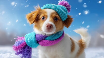 Cute dog in a colorful winter hat and scarf, standing in the snow with falling snowflakes. Ideal for holiday cards, pet-themed designs, and seasonal promotions