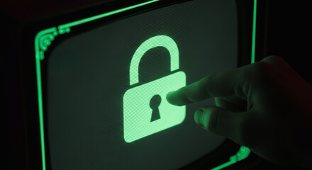 An up-close shot of a glowing green lock on a retro screen, a finger poised to touch the screen, evoking the feeling of digital security, confidentiality, and data protection.