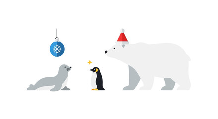 A festive polar bear in a Santa hat with a penguin and a seal celebrating Christmas.