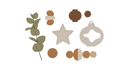 Minimalist Christmas decorations with eucalyptus branch and geometric shapes.