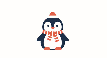 Cute cartoon penguin wearing a red hat and striped scarf on a white background.