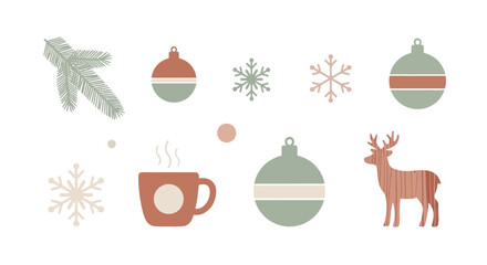 A collection of minimalist Christmas icons including a reindeer, snowflakes, ornaments, and a hot drink, isolated on a white background.
