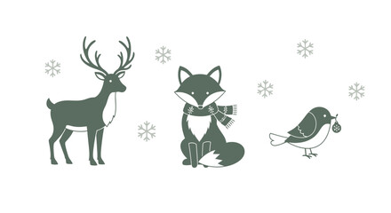 Illustration of a deer, fox, and bird in a winter scene with snowflakes.