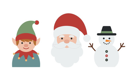 Illustration of a Christmas elf, Santa Claus, and a snowman, all festive characters.
