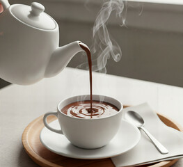 White pitcher pours thick hot chocolate with fragrant rising steam.
