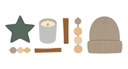 Collection of cozy winter items, including a star ornament, candle, cinnamon sticks, earrings, and a beanie.