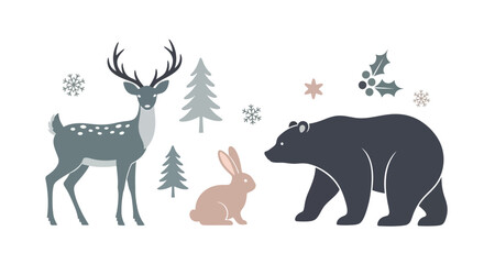 Illustration of a deer, rabbit, and bear with trees and snowflakes on a white background.