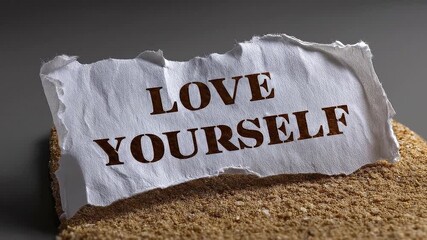 Ripped paper with LOVE YOURSELF in brown sits on tan granular material Grey background