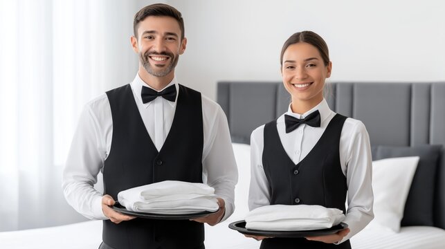 Two smiling waitstaff, dressed elegantly, stand together in a bright hotel room. They proudly carry trays holding folded linens, bringing warmth and hospitality to guests