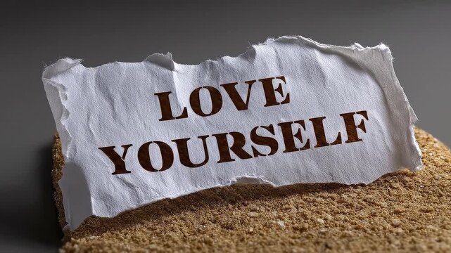 Ripped paper with LOVE YOURSELF in brown sits on tan granular material Grey background