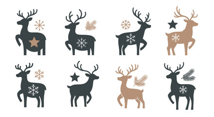 Collection of eight stylized reindeer silhouettes with festive decorative elements, perfect for holiday designs.