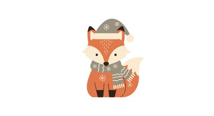 A cute cartoon fox character wearing a gray winter hat and scarf with a snowflake pattern, isolated on a white background.