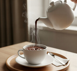 Rich chocolate flows beautifully into the simple white ceramic cup.