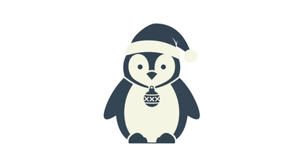 A cute cartoon penguin wearing a Santa hat and a Christmas ornament necklace on a white background.