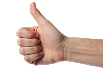 Human male hand giving a confident thumbs up gesture, expressing approval, agreement, positivity, support, satisfaction, encouragement, and optimistic communication on a clean bright background