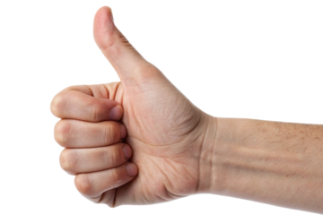 Human male hand giving a confident thumbs up gesture, expressing approval, agreement, positivity, support, satisfaction, encouragement, and optimistic communication on a clean bright background