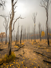 Desolate forest landscape devastated by acid rain, barren trees, and muted autumn colors