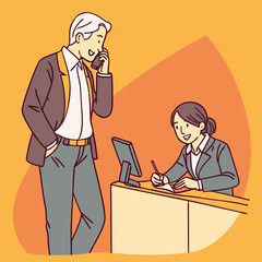 Office coworkers communicating at a reception desk with a friendly professional interaction