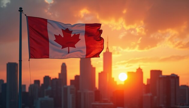 Canadian flag waves in wind against urban cityscape during sunset. Symbol of patriotism, national pride, identity is presented against dramatic skyline backdrop at dusk. Scenery shows urban life.
