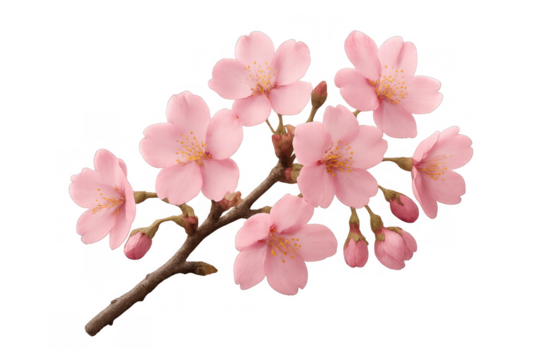 Cherry blossom branch displaying delicate pink sakura flowers in full bloom and buds. Representing spring, renewal, and nature's beauty - Powered by Adobe