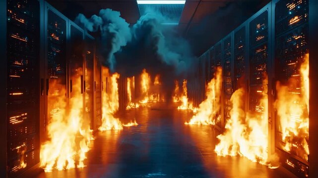 A fire outbreak consumes a server room, with flames spreading quickly between racks in a data center amidst smoke and chaos