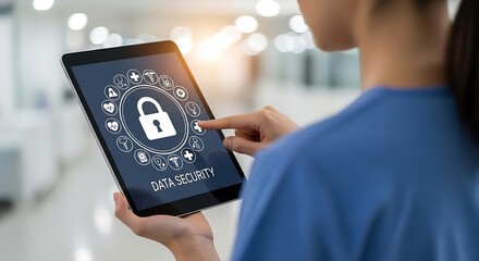 Closeup of a person using a tablet displaying a digital interface with a padlock icon and the words data security for cybersecurity