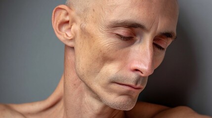 A man with a gaunt appearance sits quietly with his eyes closed. His expression reflects deep thought and introspection, surrounded by a minimalistic background