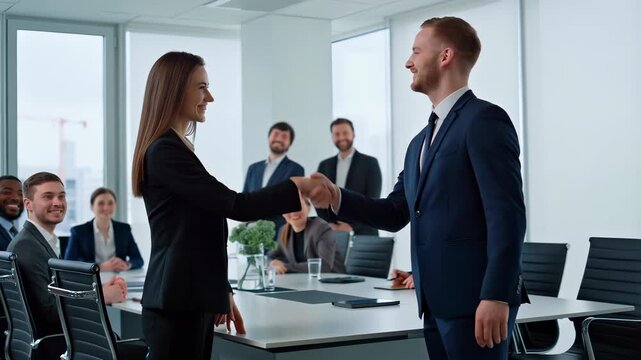 Smiling businesspeople shake hands in a modern glass walled meeting room as colleagues look on, sealing a partnership or welcoming a new hire in a professional office setting