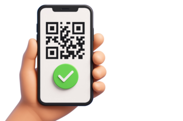 Hand Holding Smartphone Displaying QR Code and Green Check Mark mobile phone cell phone isolated on a transparent background