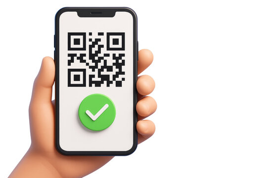 Hand Holding Smartphone Displaying QR Code and Green Check Mark mobile phone cell phone isolated on a transparent background