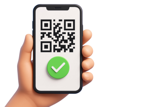 Hand Holding Smartphone Displaying QR Code and Green Check Mark mobile phone cell phone isolated on a transparent background - Powered by Adobe