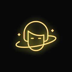 Yellow neon icon of a human head with a planet ring around, representing the concept of knowledge and ideas