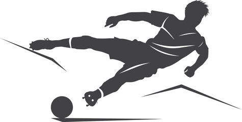 Football Silhouette in Action: Capturing the raw energy and skill of a footballer as he powerfully kicks the ball towards victory, a moment of focus and athletic prowess.