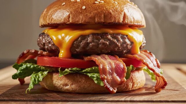 Delicious cheeseburger with bacon, tomato, and lettuce on a sesame seed bun, presented on a wooden cutting board for a rustic feel animated 4k video