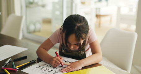 Homework, writing and study with child in home for learning, education and growth. Student, academy assessment and knowledge with girl in apartment for project, solution and problem solving game