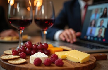 People enjoy cheese wine and grapes during a video call with friends. Friends connect online for remote celebration and social gathering, virtual party at home.