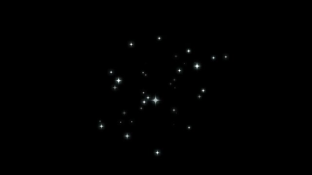 4k Explosive sparkling glitter stars overlay background, 2D shining twinkle effect on black screen, glowing glitter burst sparkle effect, blinking white doodles, small white stars confetti fountain