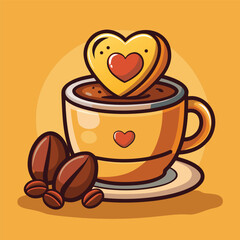 Cute cartoon coffee cup with a heartshaped cookie and roasted coffee beans, perfect for love and breakfast themes