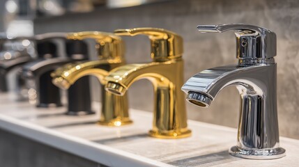 Close-up of modern designer faucets in showroom. Gold, black, silver water taps on display. Various shapes and colors of plumbing fixtures showcase current trends. Modern house equipment in a store