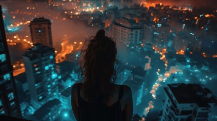 A young Caucasian woman with curly hair stands on a balcony overlooking a vibrant cityscape at night. The skyline is illuminated with blue and orange lights.