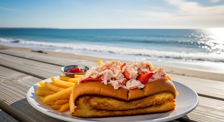 A delicious lobster roll with french fries served on a plate at a beachside restaurant with the ocean in the background