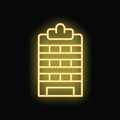 Minimalistic yellow neon icon of a clipboard with blank paper for list glowing on a black wall