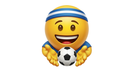 Happy smiling soccer player emoji wearing a blue and white striped headband isolated on transparent background