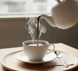 White cup filled with hot chocolate placed on wooden tray.
