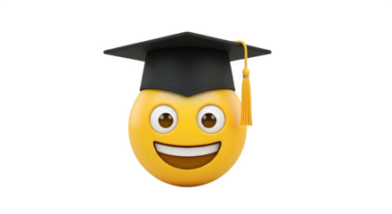 Happy smiling graduation emoji wearing a black cap isolated on transparent background