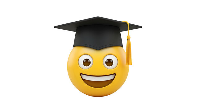 Happy smiling graduation emoji wearing a black cap isolated on transparent background